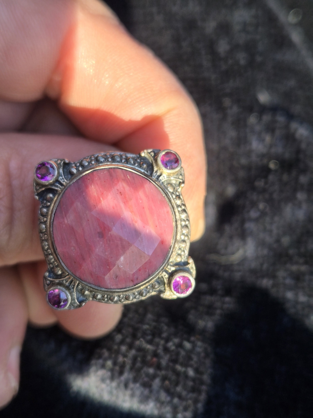 Checkerboard Cut Rhodonite And Amethyst Nicky Butler Silver Cocktail Ring